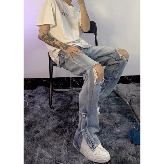 Quần Jeans Nam Rách Gối 🌵 Quần Xẻ Gấu Có Cúc 🌵Hai Màu Đen Và Xanh HipHop