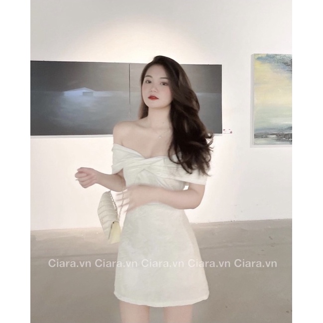 ĐẦM GẤM TRẮNG BẸT VAI THẮT NƠ MS49