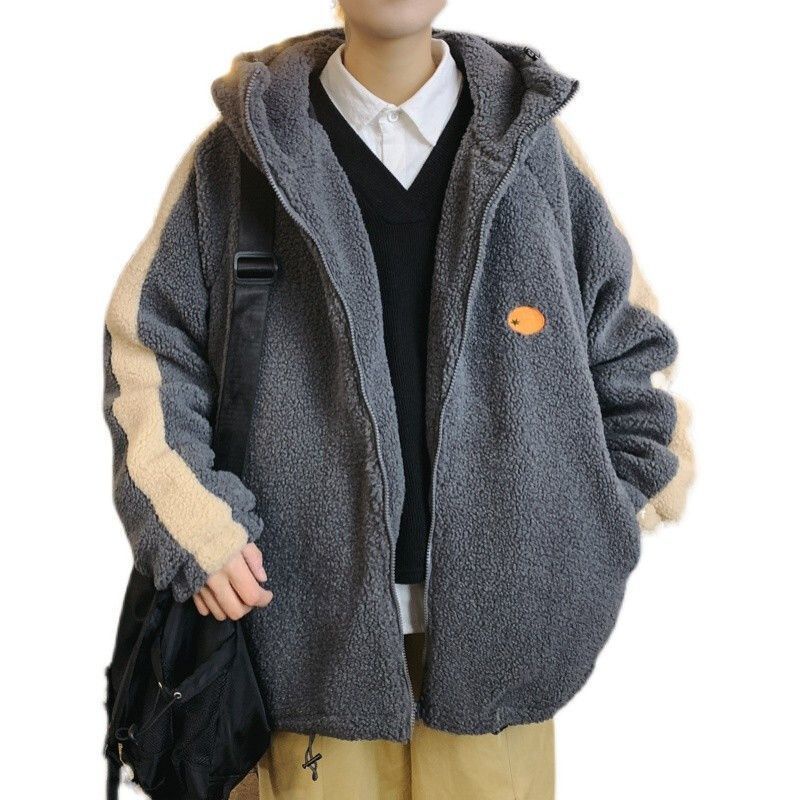 Áo khoác lông cừu tay dài dáng rộng có khóa kéo kiểu Hàn phong cách mùa đông thanh lịch thoải mái dành cho nam