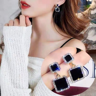 Bông Tai Hot Mặt Vuông Đính Viền Đá Màu Đen Phong Cách Retro Hàn Quốc