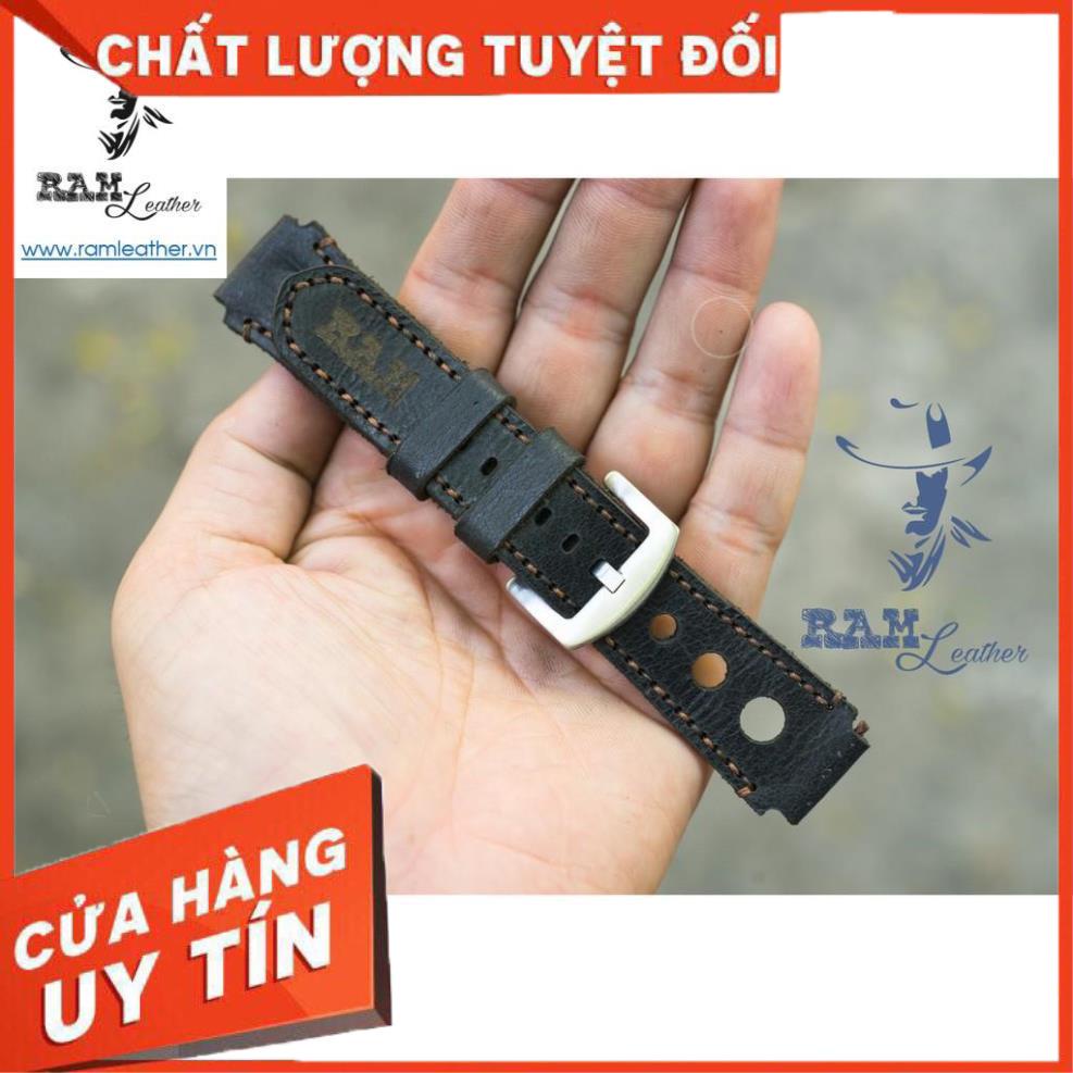 Dây Đồng Hồ Da Bò Cho Casio Ae1200 Whd Và Seiko 5 37mm (Tặng Khóa + Cây Thay Dây + 2 Chốt) - Da Bò Đen Tuyền Có 3 Lỗ +