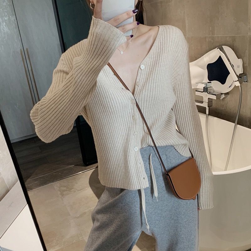 Áo cardigan dệt kim dài tay cổ chữ V thời trang thu đông mới năm 2023