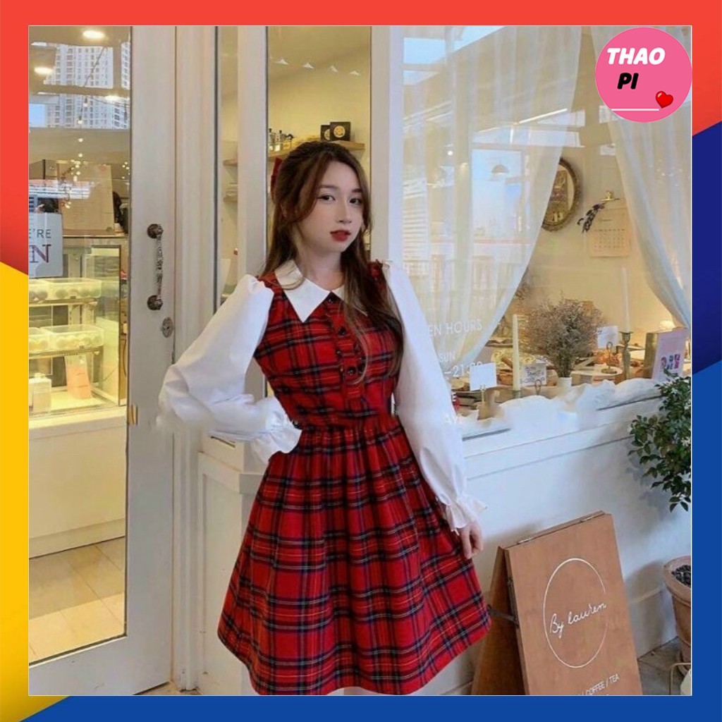Đầm suông caro đỏ tay dài cổ bèo dễ thương