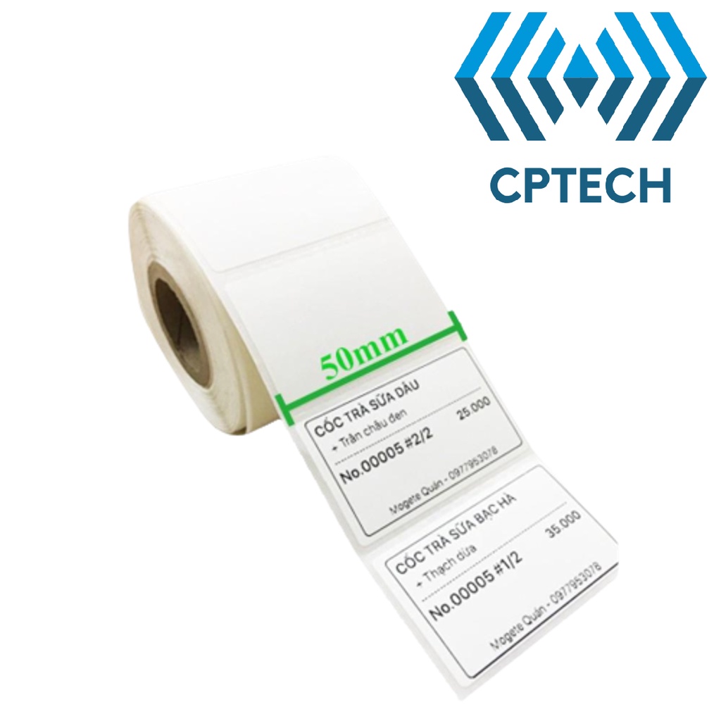 Tem trà sữa , tem dán cốc trà sữa , in mã vạch khổ 50x30 mm, 800 tem, cuộn 25m