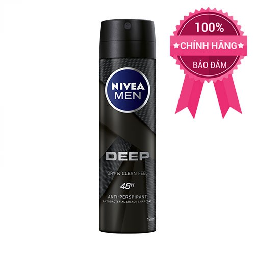 Xịt khử mùi Nivea Men Deep Dry&amp;Clean Fell 48h than hoạt tính 150ml