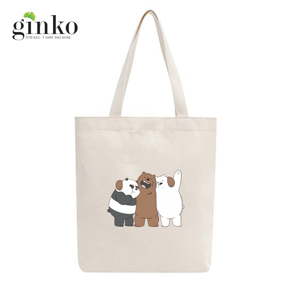 Túi tote vải mộc GINKO kiểu basic dây kéo in hình We Bare Bears