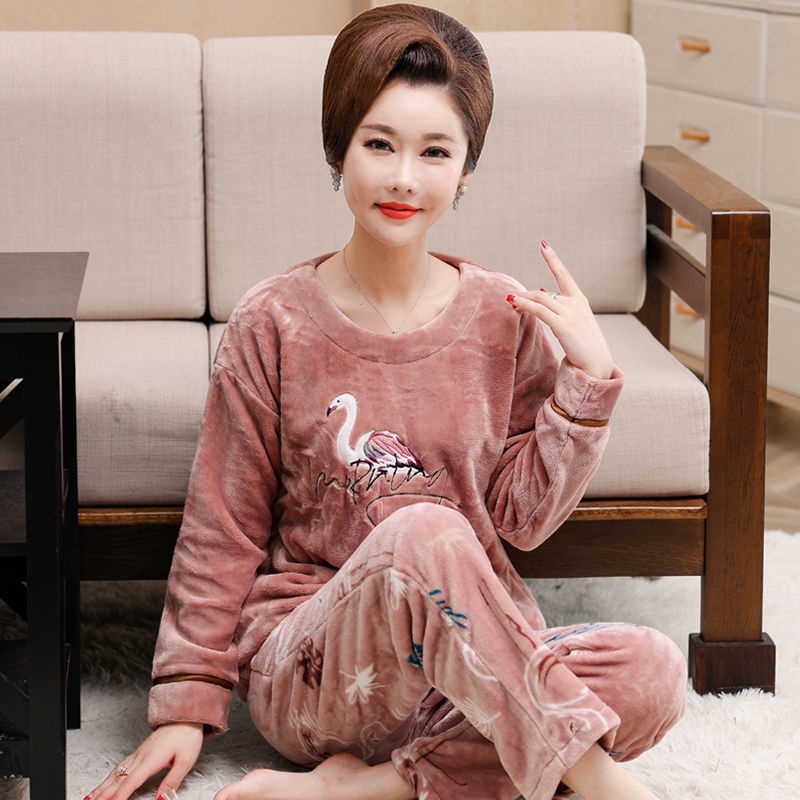 Bộ đồ ngủ lông cừu dày san hô mùa thu đông phụ nữ bà mẹ trung niên