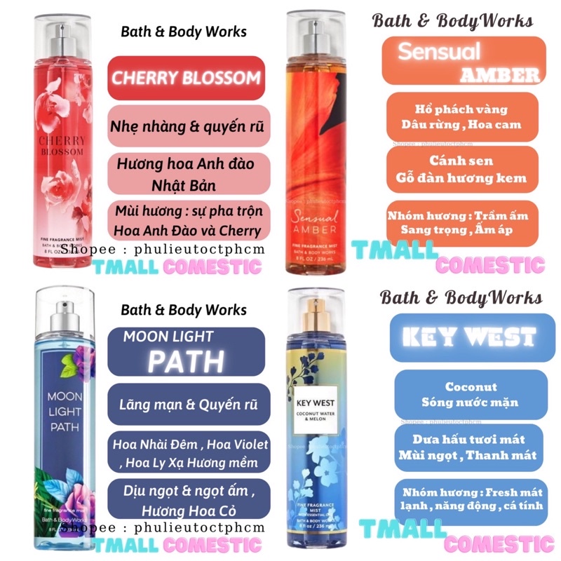 [Mã COSXANH100 giảm 10% đơn 250K] Xịt thơm toàn thân body mist Bath And Body Works 236ML Tmall Cosmetic | BigBuy360 - bigbuy360.vn