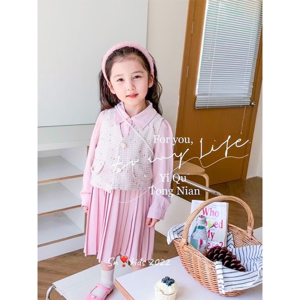 Set dạ 2 lớp cv xếp ly sn kids cho bé gái