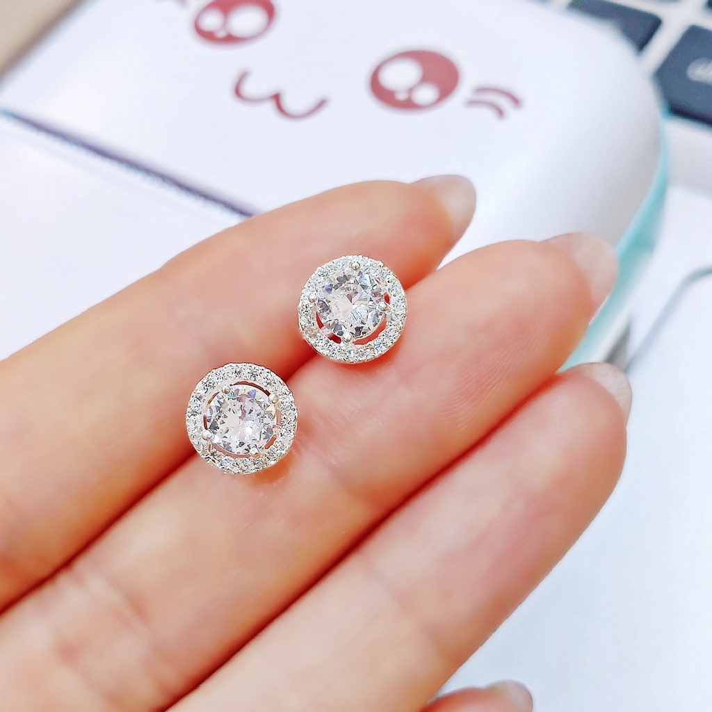 Bông tai bạc Bông tai mặt tròn đính đá lấp lánh Van jewelry bạc 925 V10003