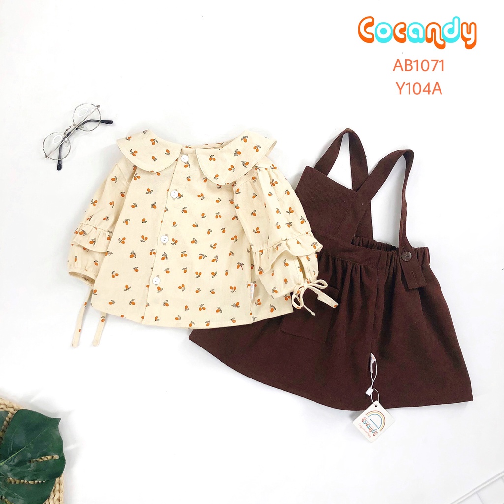Set đồ cho bé -Áo be họa tiết cherry tay nơ và váy yếm nhung nâu cho bé của COCANDY mã AB107125, Y104A( chưa kèm turban)