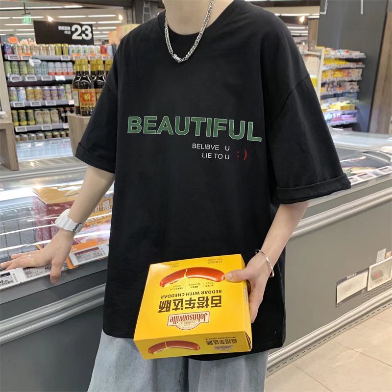 【S-5XL】Áo phông rộng nam cổ tròn cotton  áo thun nữ form rộng tay lỡ Simple phong cách hàn quốc áo thun in hình unisex