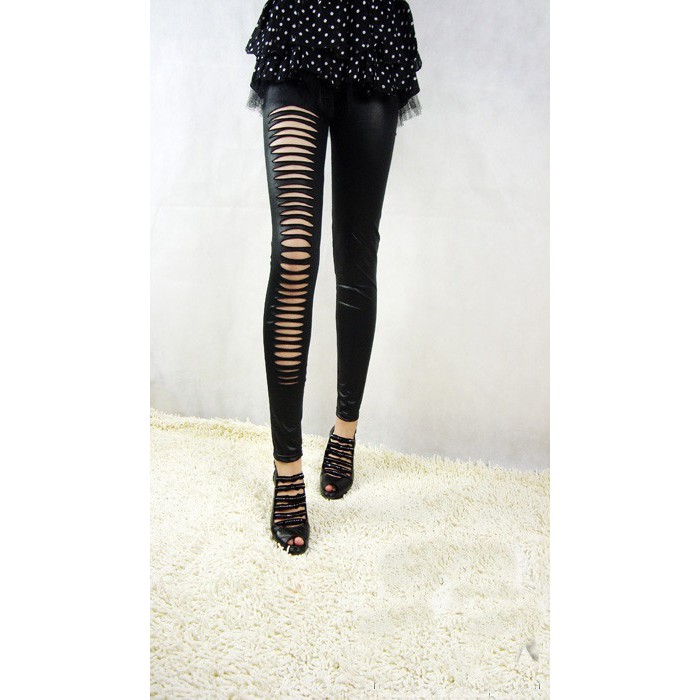 Quần Leggings Da Cắt Rách Cut Out