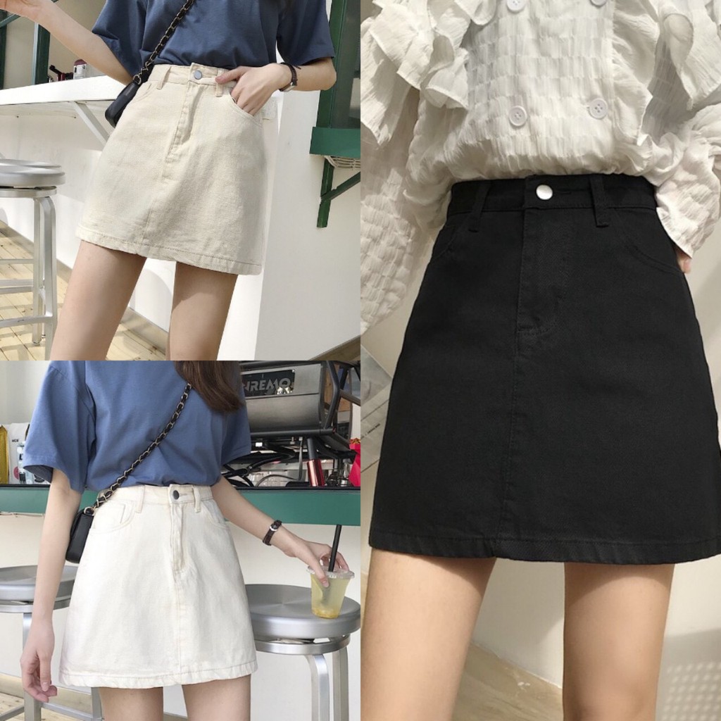 Chân váy công sở vải Kaki chữ A ngắn màu Đen Trắng có Quần lót trong cạp lưng cao túi 2 bên mặc đi làm đi chơi dự tiệc
