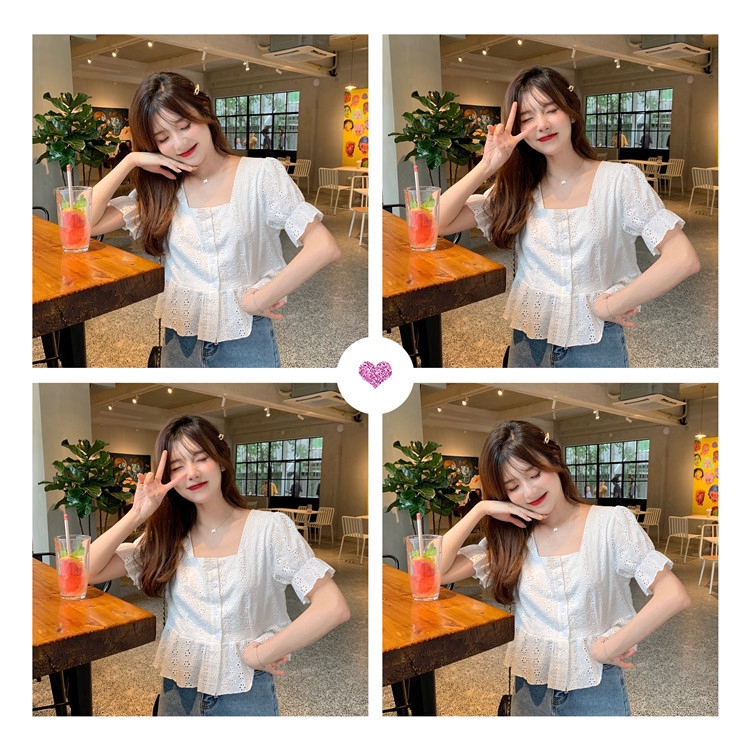 Áo sơ mi tay ngắn dáng ôm phối ren kiểu vintage thời trang mùa hè