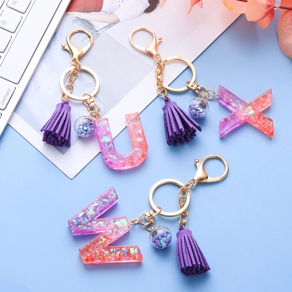 Mới Móc Khóa Nhựa Họa Tiết Chữ Tiếng Anh Lấp Lánh Gắn Núm Tua Màu Tím Thời Trang