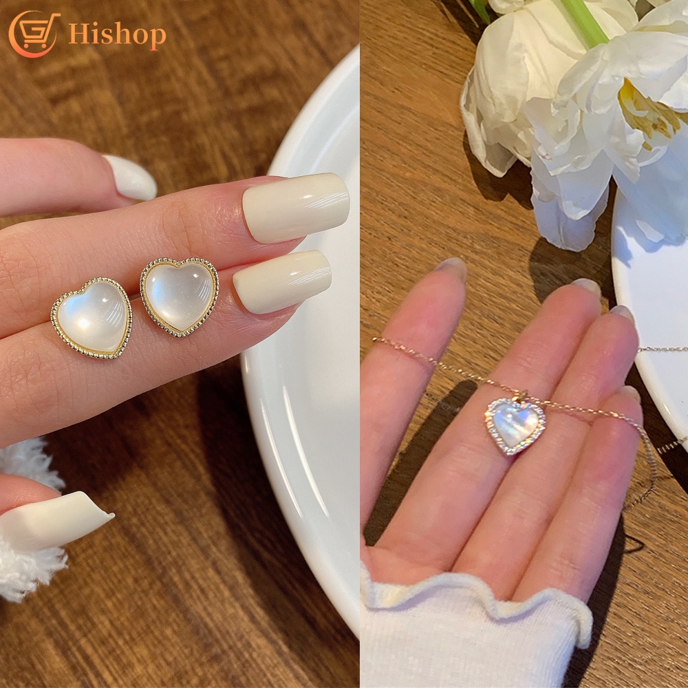 Bộ dây chuyền bông tai Hishop đính đá opal hình trái tim phong cách dễ thương (có bán lẻ)