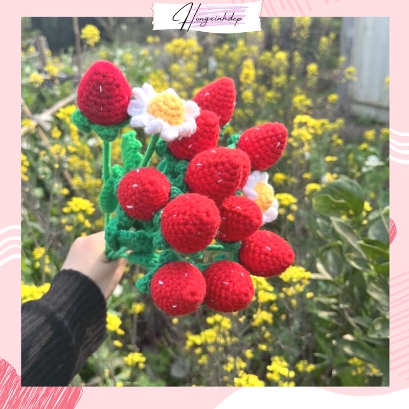Hoa dâu tây bằng len, Bó hoa dâu tây len handmade tặng người yêu bạn bè