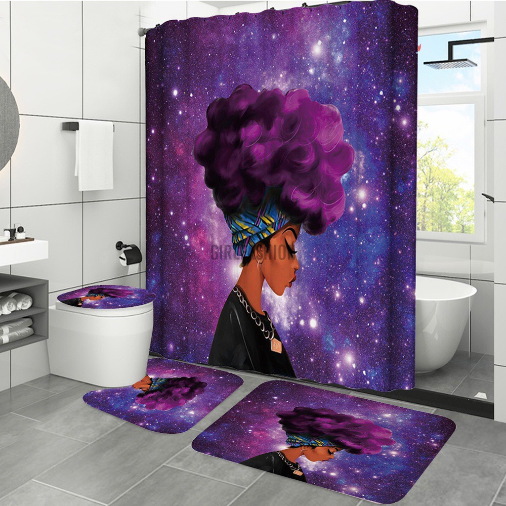 Cool Girl Waterproof Bathroom Shower Curtain Toilet Cover Mat Rug Bathmat Set
