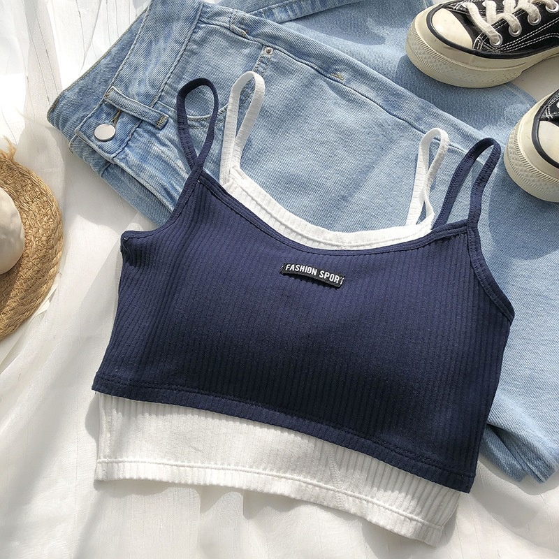 Áo Bra Nữ Áo Ống Giả Hai Mảnh Có Đệm Ngực Màu Tương Phản Phong Cách Hàn Quốc Dễ Thương Cho Nữ