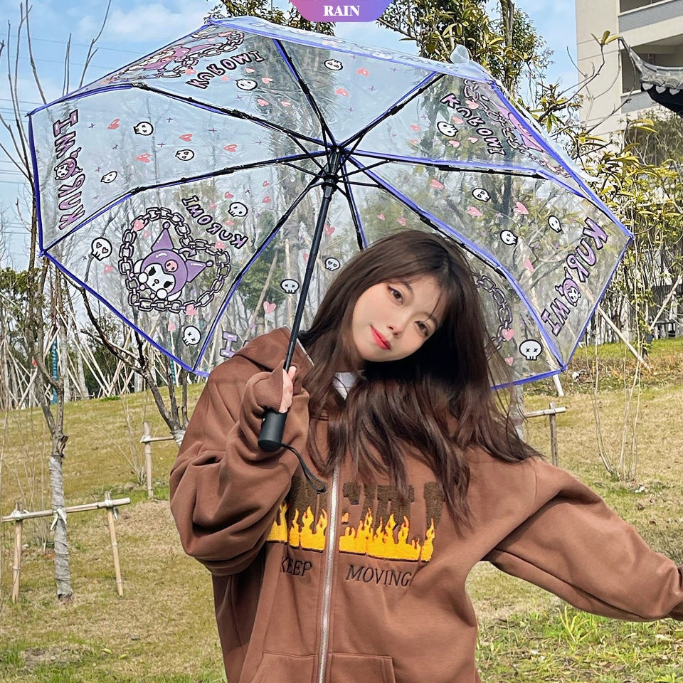 Dù Gấp Tự Động Trong Suốt Chống Gió Chống Nước In Hình Mèo Hello Kitty Dễ Thương