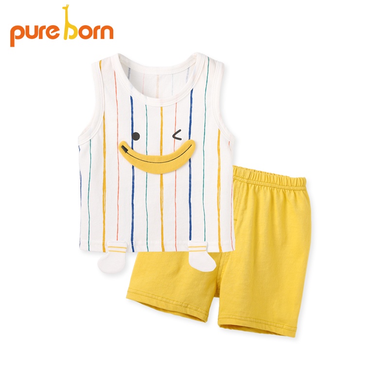 Set bộ quần áo Pure born chất liệu Vải Thun Lạnh Hoạ Tiết mặt cười kiểu dáng sát nách cho bé trai, bé gái 3 màu - T06