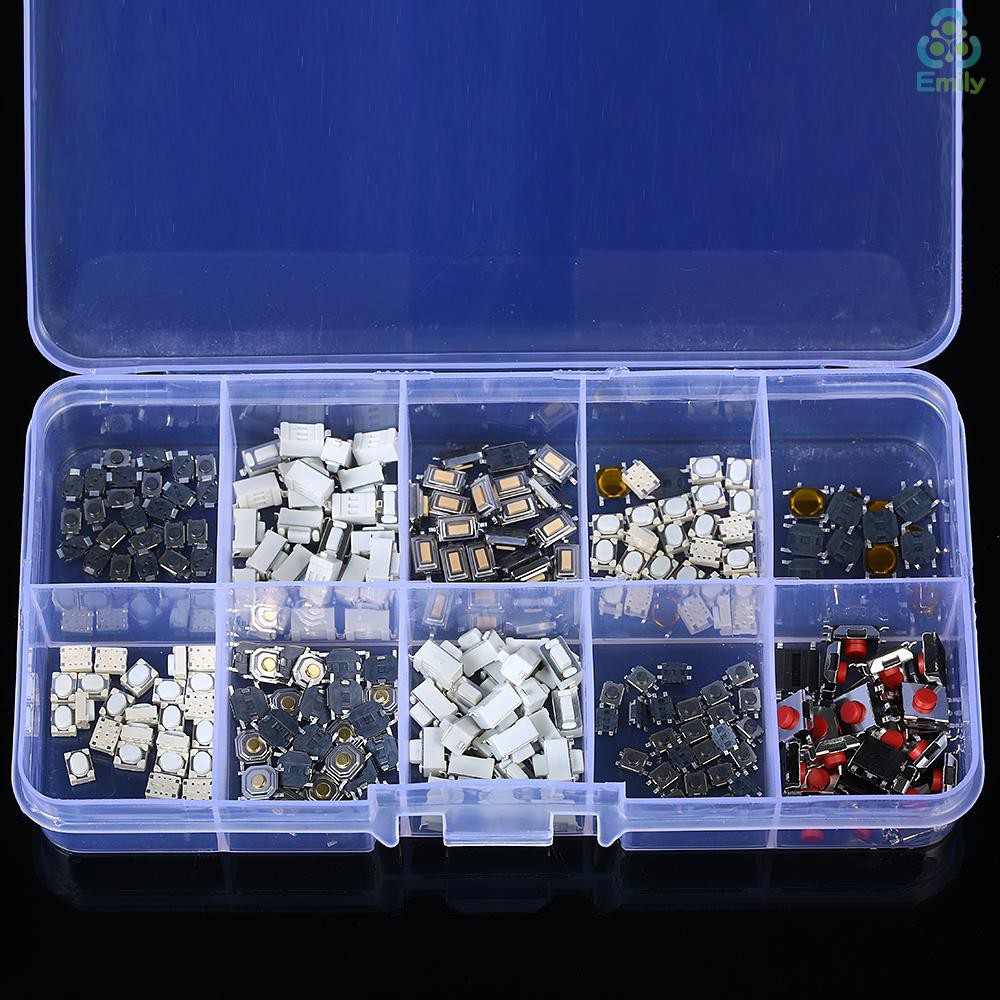 [Hàng Hot]250pcs 10 Value Tactile Push Button Switch Micro Momentary Tact Assortment Kit with Clear Plastic Box Car Remote Control Button Switch Assortment Kit