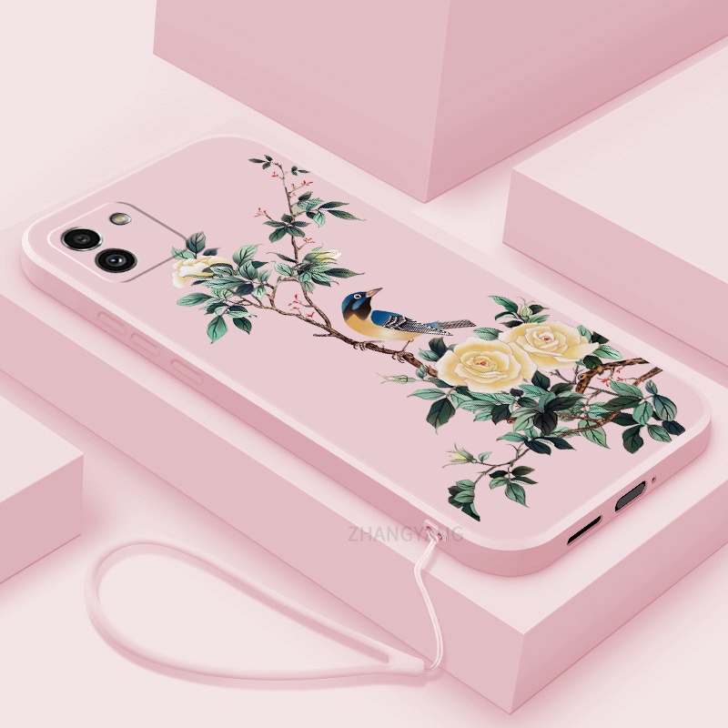 Ốp Điện Thoại TPU Mềm Họa Tiết Hoa Và Chim Có Dây Đeo Cho Samsung a03