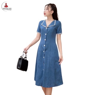 Đầm sơ mi công sở Nhật Vy tay ngắn cổ phối cách điệu viền ren hoa cài cúc chất linen phù hợp đi chơi - D2279