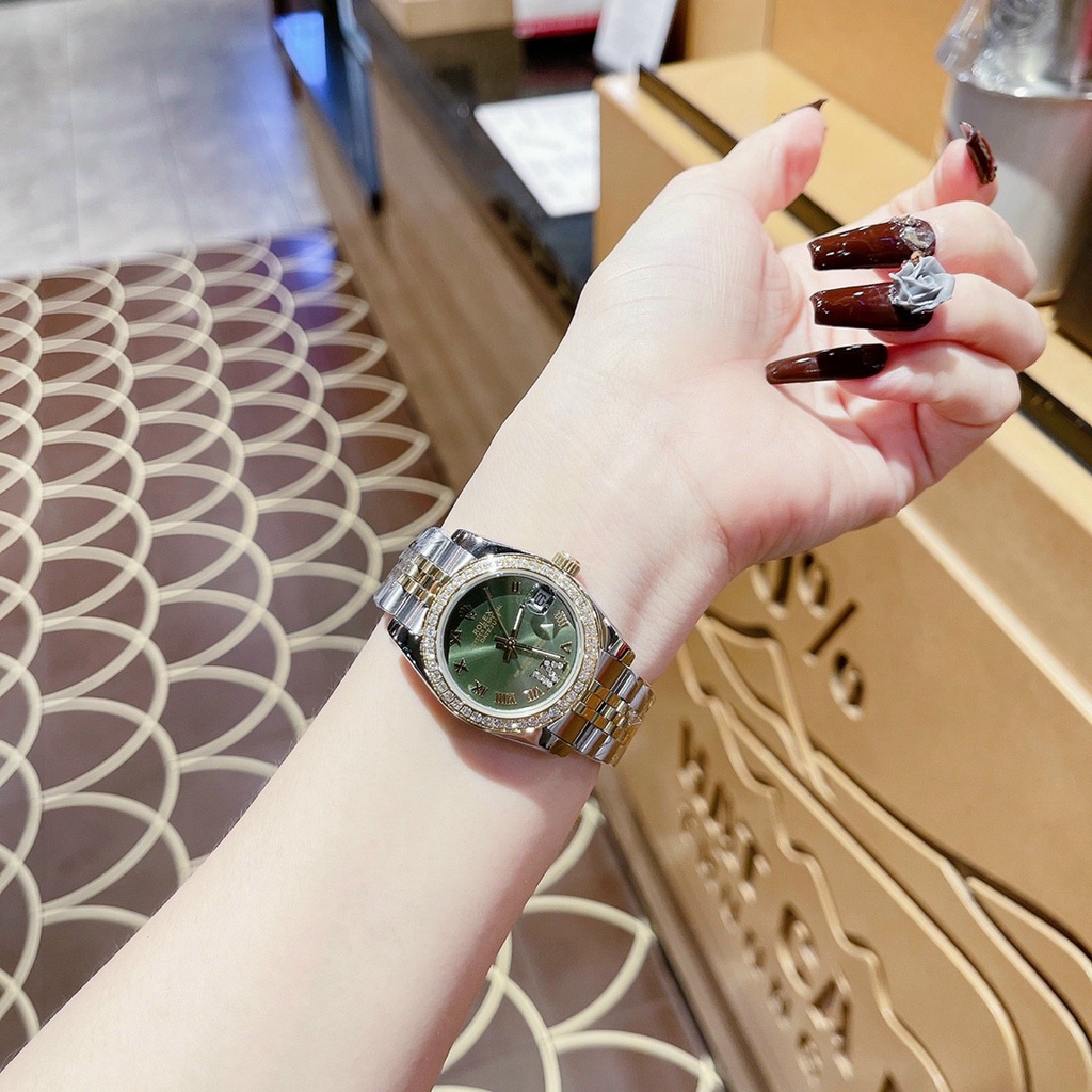 Đồng hồ đeo tay nữ, đồng hồ ROLEX NGỌC TRINH full box cao cấp, siêu sang chảnh, mặt đính kim cương nhân tạo swarovski
