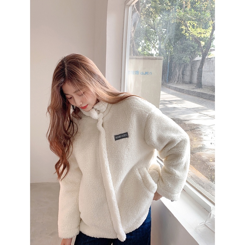 Áo Khoác Nữ Khoá Kéo Dài Tay Dáng Rộng -  Áo Lông Trắng Cổ Cao Logo ONS Freesize dưới 70kg | BigBuy360 - bigbuy360.vn