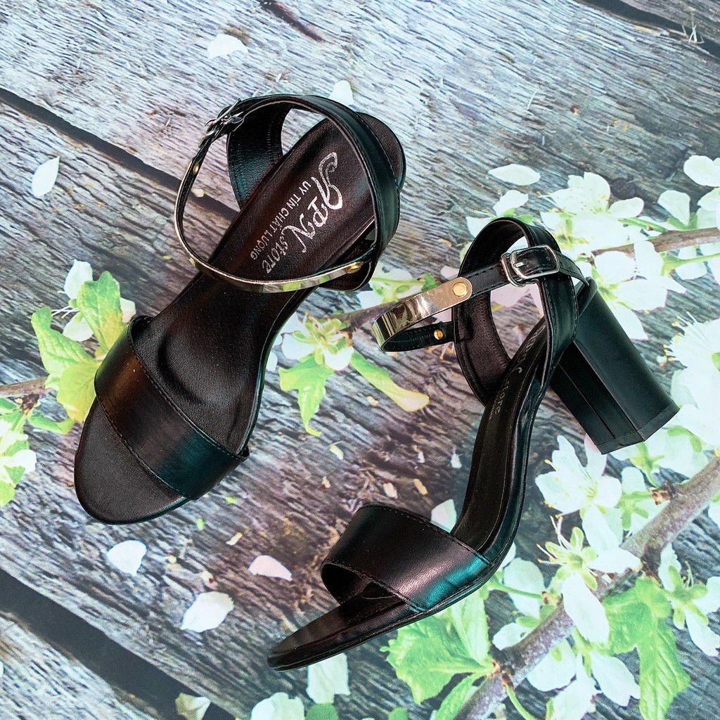Giày Sandal Cao Gót Vuông 7p Quai Ngang Cổ Phối Đồng Da Mềm