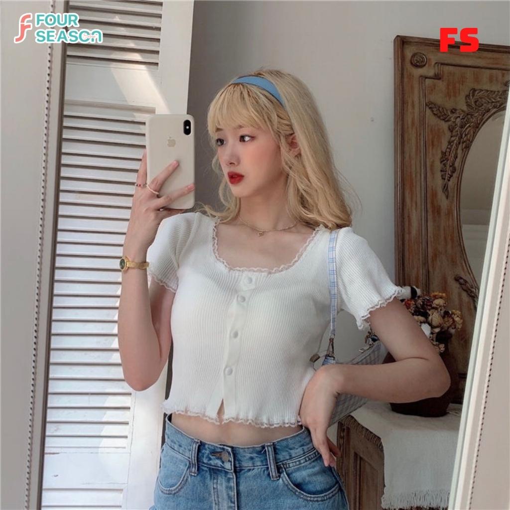 Áo croptop tay ngắn cổ vuông viền ren co giãn ôm body ACT07 4S áo thun nữ hottrend mềm mịn chất lượng