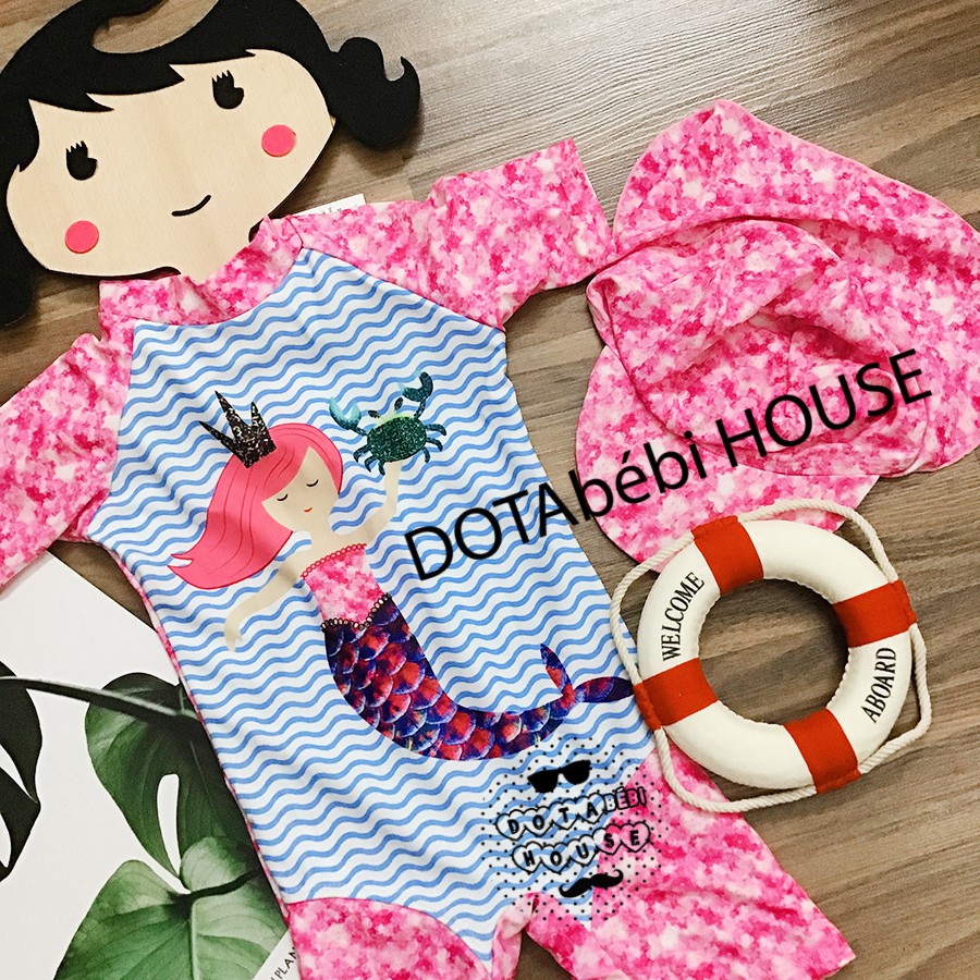 [8-23kg] Đồ bơi liền thân có nón hình nàng tiên cá hồng cho bé gái