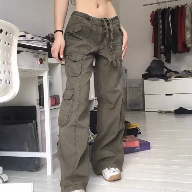 quần jeans cạp thấp ống rộng kèm thắt lưng phong cách y2k 70s 80s 90s 4 màu đen nâu xám xanh quân đội kèm ảnh thật
