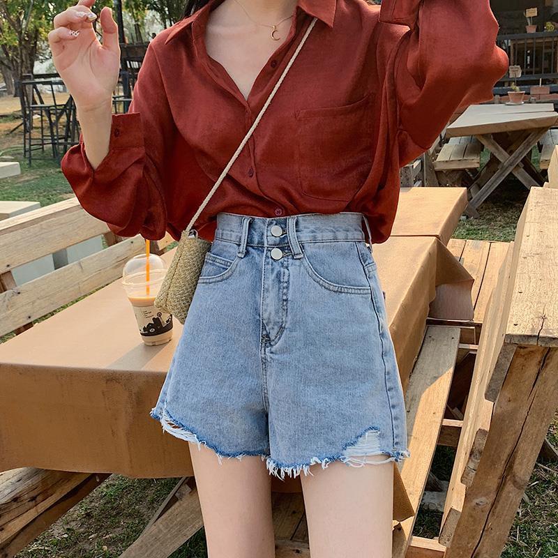 Quần short nữ denim rách ống rộng cạp cao chữ A màu xanh lam vintage Phong cách hàn quốc