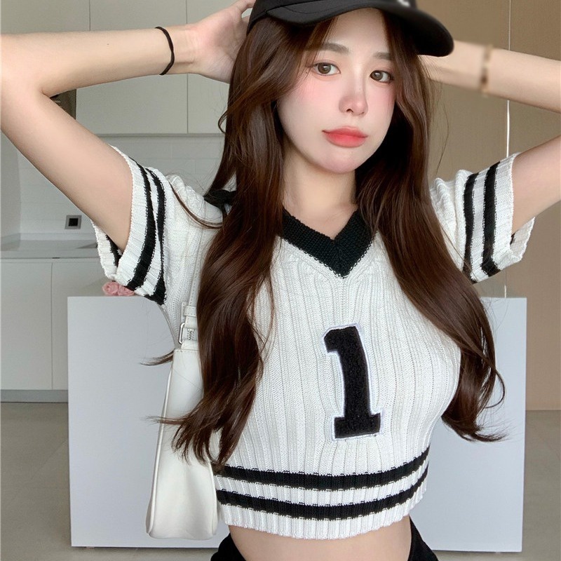 Áo Polo Dệt Kim Tay Ngắn Cổ Chữ V Thời Trang Mùa Hè Cho Nữ