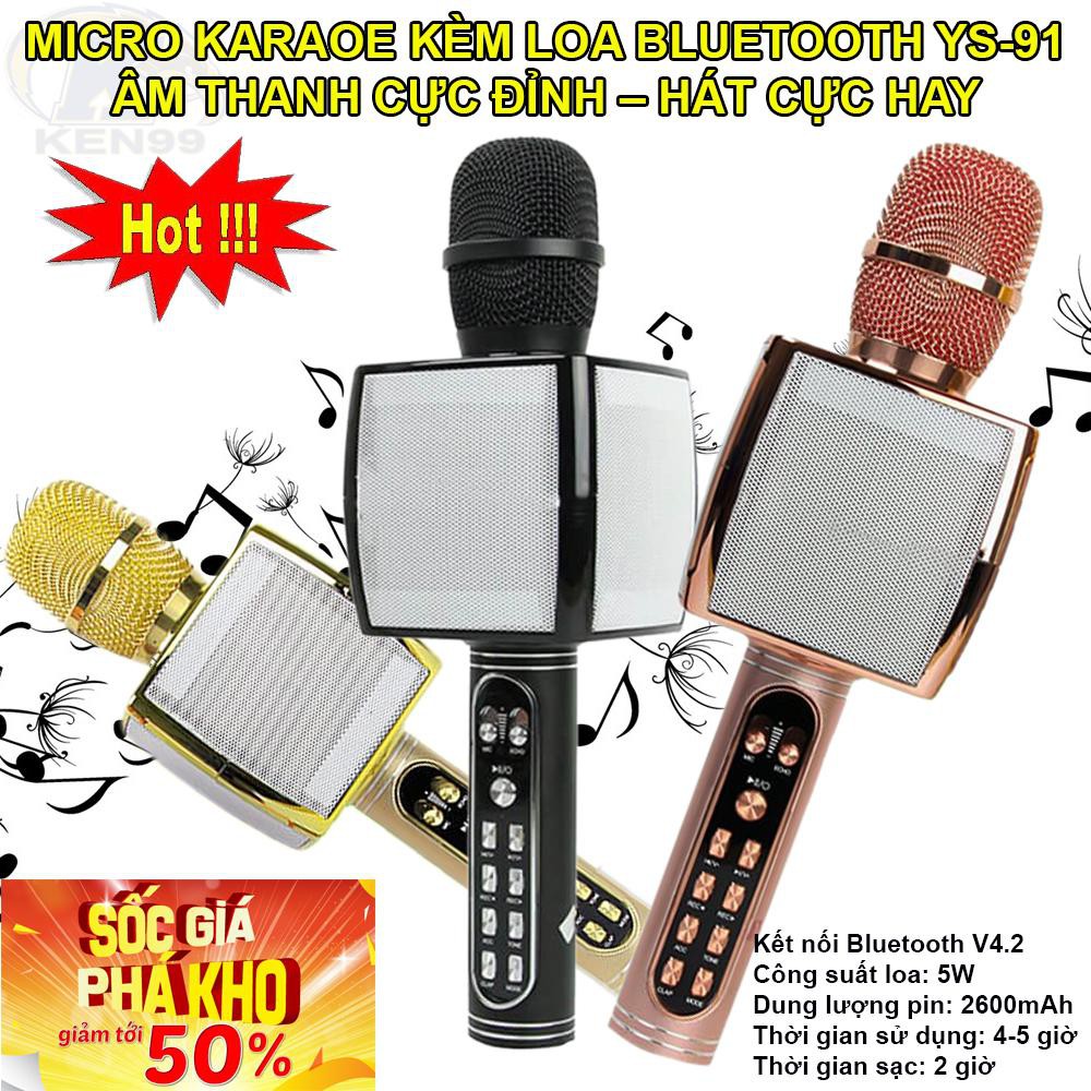 Mic Karaoke Ys 91, Micro Bluetooth 3 in 1/ Micro Bluetooth YS 91 Bass Khủng Hỗ Trợ Usb Thẻ Nhớ