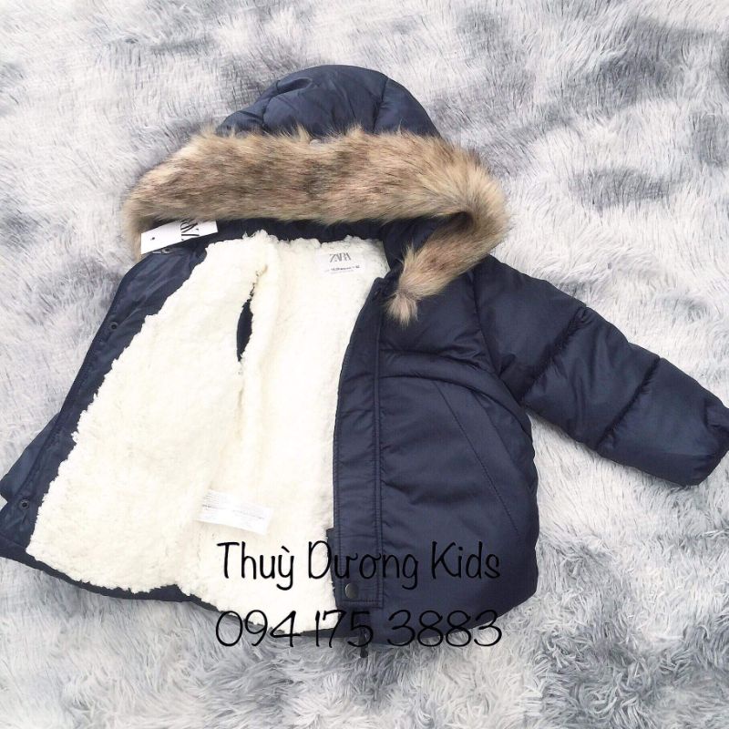 Áo khoác phao Zara lót lông cừu màu xanh than xuất dư cho bé 1,5-6y