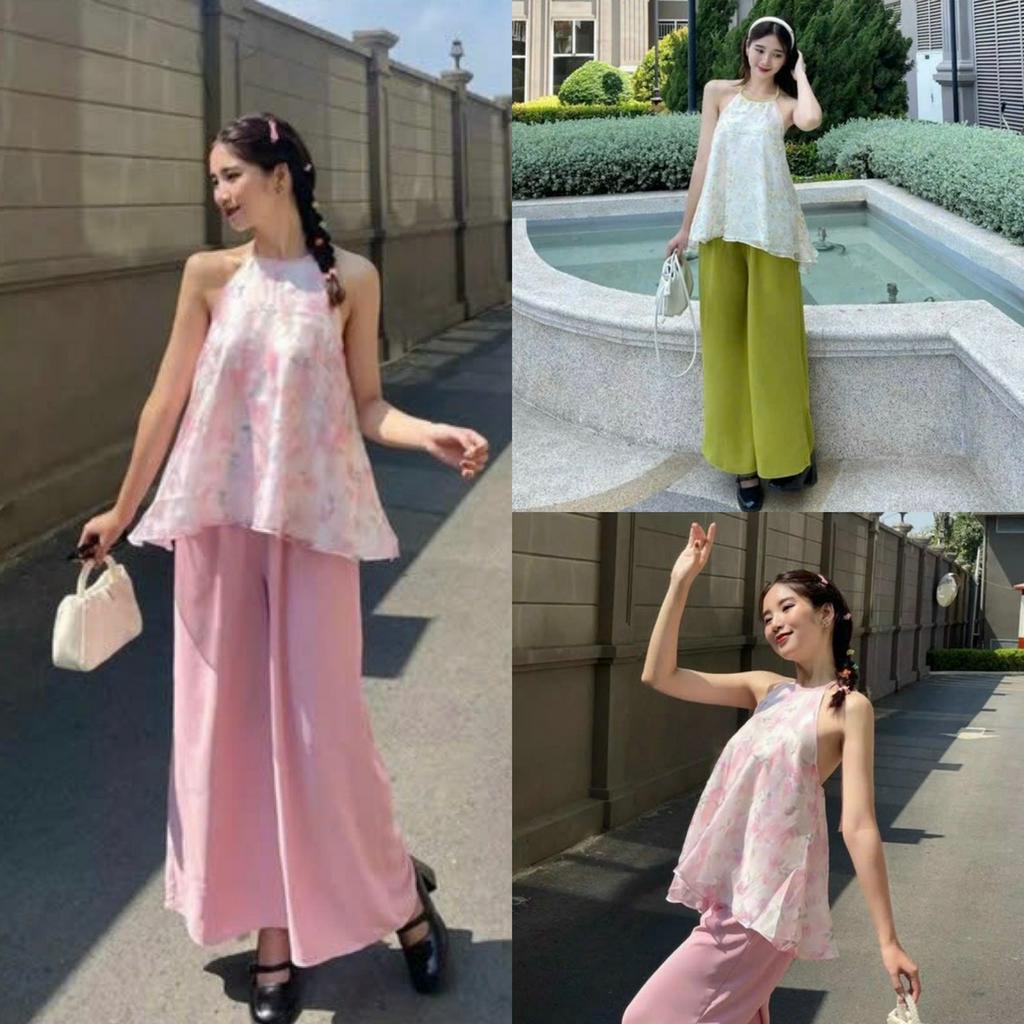 Sét bộ đồ nữ áo voan cổ yếm họa tiết hở lưng quyến dũ trẻ trung mix quần lụa duyên dáng đi chơi