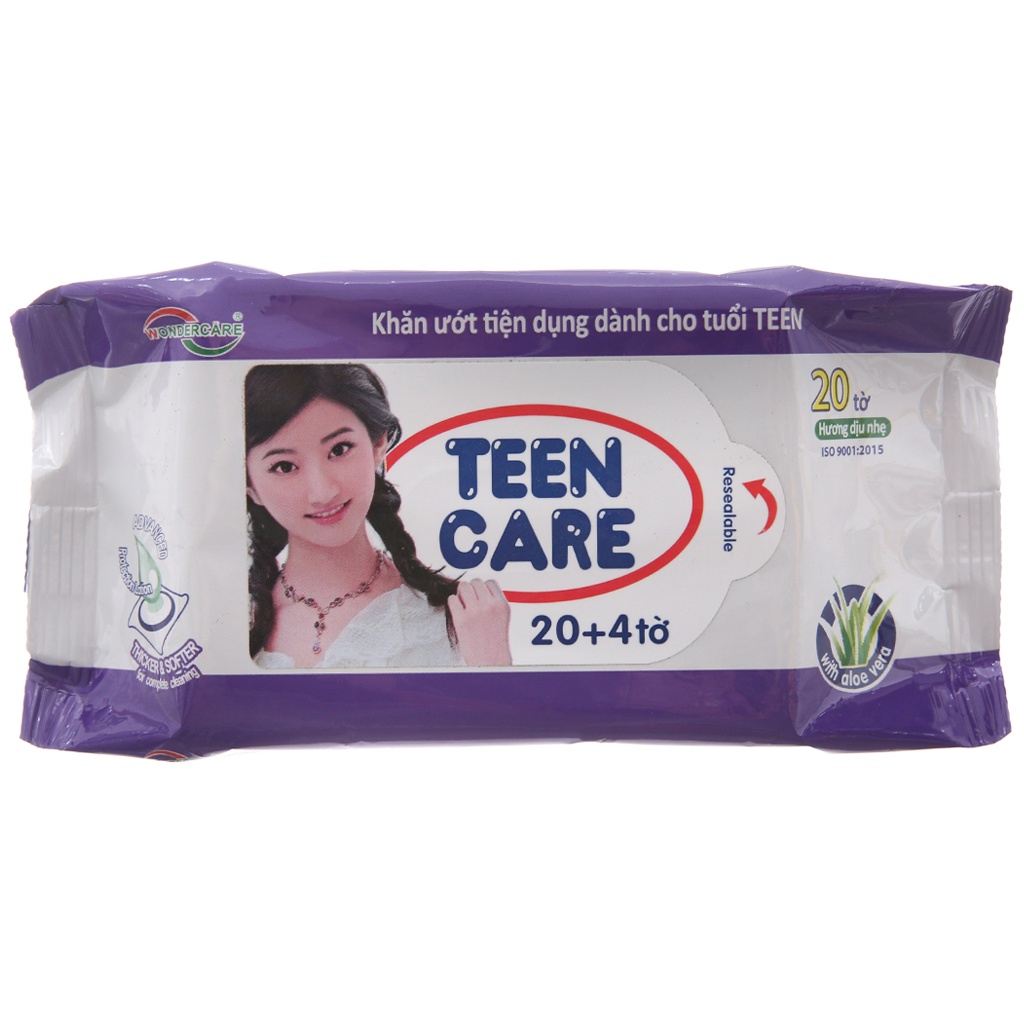Set 2 bịch khăn giấy ướt Teen Care tím hương dịu nhẹ gói 20 miếng nhỏ gọn, dễ mang theo
