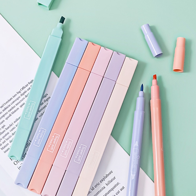 Bộ 6 bút bắt sáng hai đầu ngòi cứng màu trong suốt nhỏ gọn cho học sinh