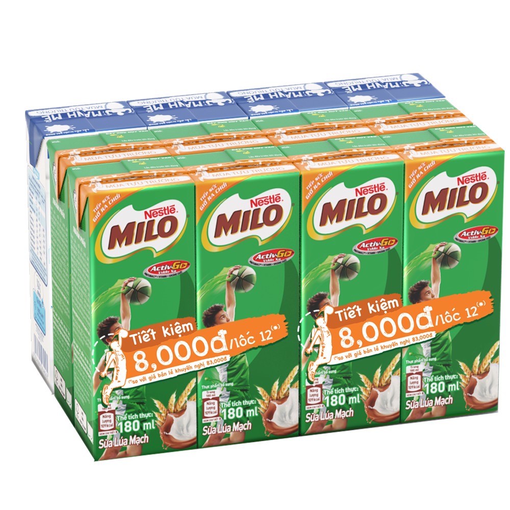 Thùng 48 hộp sữa Nestlé MILO + Sữa Nước Có Đường Nestlé - Phiên bản lốc 12 (180ml/hộp)