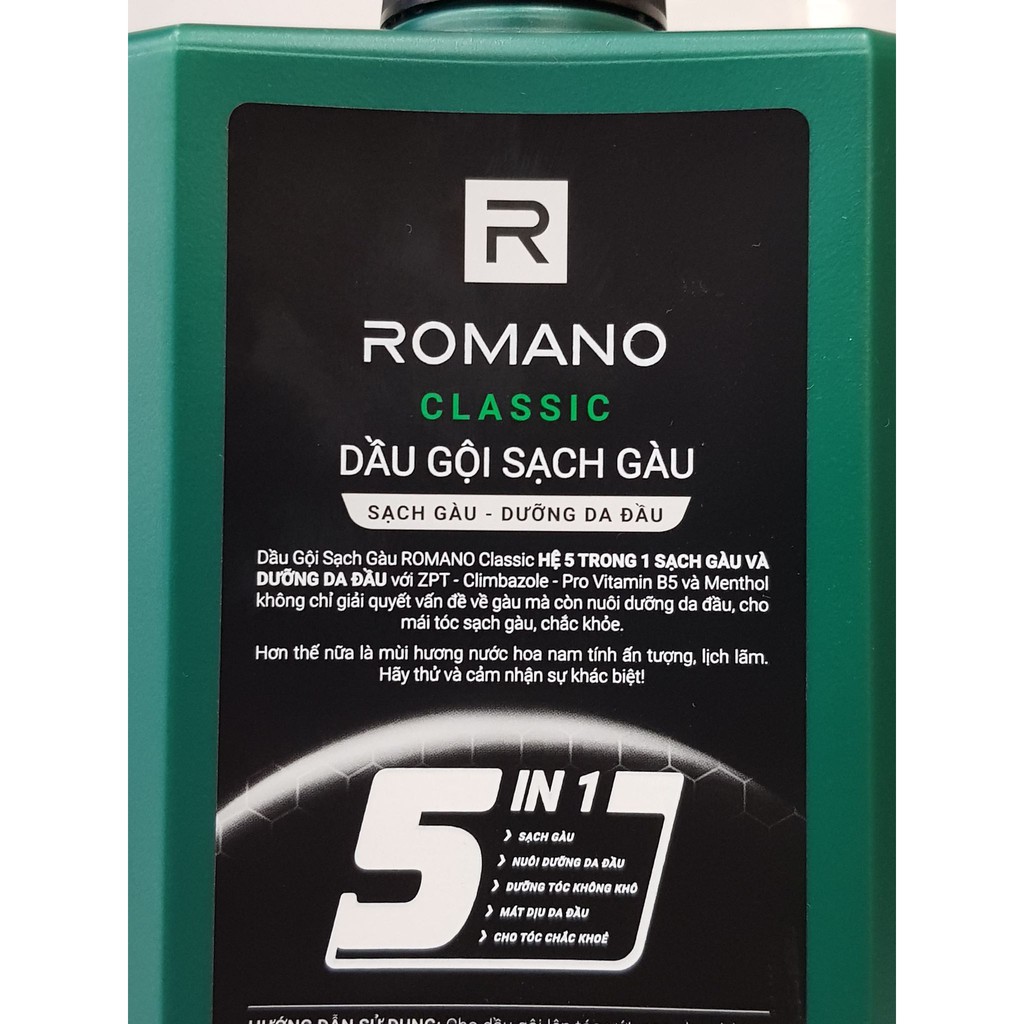 Dầu Gội Sạch Gàu 5 In 1 Romano Classic 650g