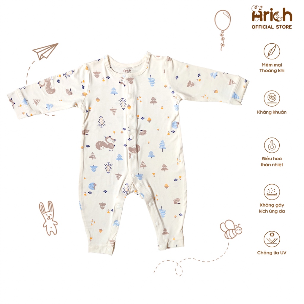 Bộ body dài tay họa tiết Arich vải sợi tre (size từ newborn đến 18 tháng)