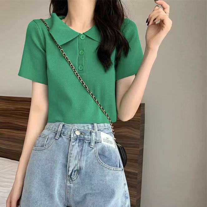 Áo polo NZN dệt kim ngắn tay phối cổ lật thời trang mùa hè cho nữ