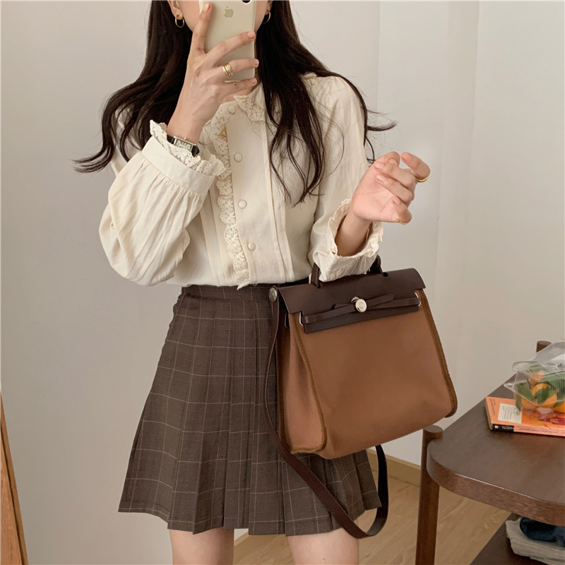 Áo Sơ Mi Nữ Form Rộng Tay Dài Phối Ren Phong Cách Hàn Quốc 40656