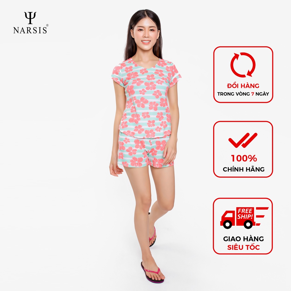 Bộ hè nữ Narsis M9006 màu kẻ xanh hoa hồng cực thoáng mát