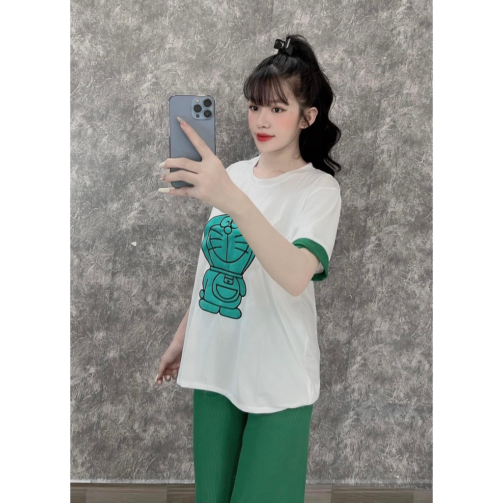 Đô bộ nữ, Set đồ bộ quần ống rộng đai cao thun gân và áo thun cotton ngắn tay form rộng thêu nhung, bộ đồ mặc ở nhà nữ