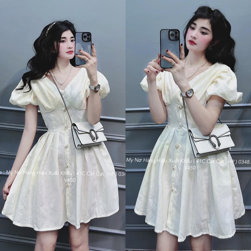 [223] Váy Thô Đũi  2 Lớp   Tay Phồng Cổ V Khuy Ngọc Hàng Đẹp Có Ảnh Thật Kèm Video | BigBuy360 - bigbuy360.vn